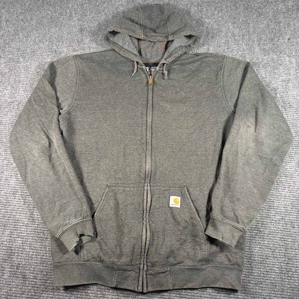 Carhartt Full Zip Hoodie Mens L Tall Gray Fair Distressed Loose Fit Workwear